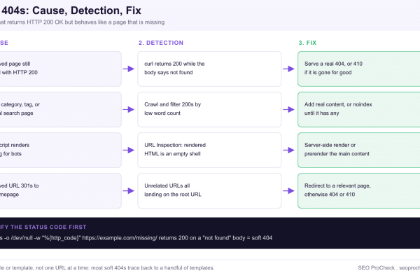 Flow diagram mapping four common soft 404 causes to how each one is detected in curl or Search Console and the fix that makes the status code match the page content.