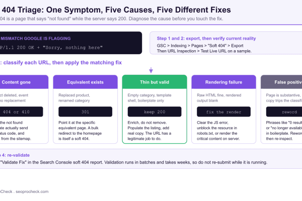 Soft 404 triage diagram showing the 200 status and not found copy mismatch, then five causes with their matching fixes: 404 or 410, 301, keep 200 and enrich, fix rendering, and reword.