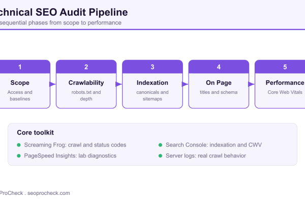 Diagram of the five phase technical SEO audit pipeline from scope to crawlability, indexation, on page elements, and performance, with a core toolkit list.