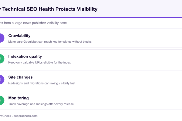 Diagram showing four technical SEO health checkpoints that protect organic visibility: crawlability, indexation quality, site changes and monitoring.