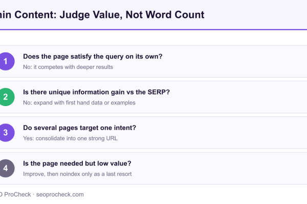 Four step decision ladder for diagnosing thin content by page value and information gain rather than by raw word count.