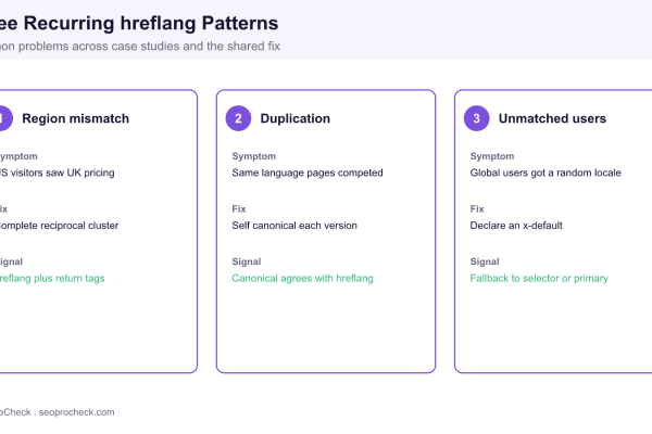 Three cards showing recurring hreflang case study patterns: region mismatch, cross market duplication, and unmatched visitors, each with symptom, fix, and signal.