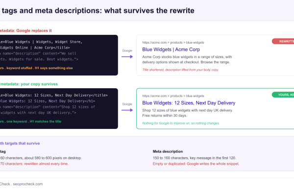 Before and after comparison of title tags and meta descriptions: a 71 character keyword stuffed title whose H1 disagrees gets rewritten by Google in the search result, while a 54 character title matching its H1 survives intact, with the length targets for titles and descriptions below.
