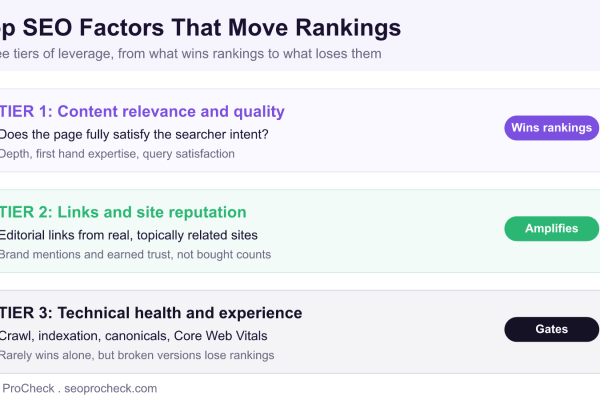 Diagram of three tiers of SEO ranking factors: content relevance, links and reputation, technical health and page experience.