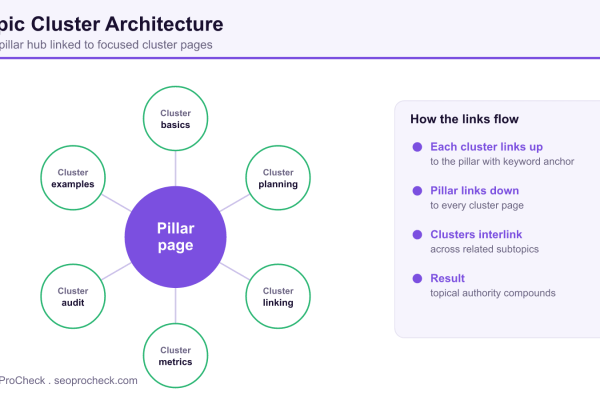 Topic cluster architecture diagram with one central pillar page linked to six focused cluster pages, plus how the internal links flow.
