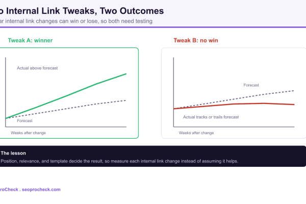 Two side by side SEO test charts, where one internal link tweak lifts organic traffic above its forecast while a similar tweak on another template tracks or trails the forecast with no win.