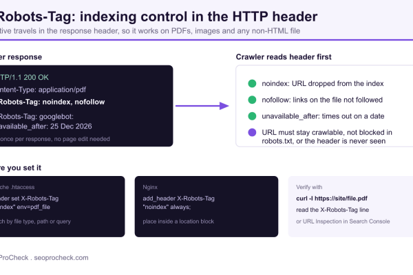 Diagram showing an HTTP response with an X-Robots-Tag noindex directive and how a crawler reads it before indexing a PDF file.