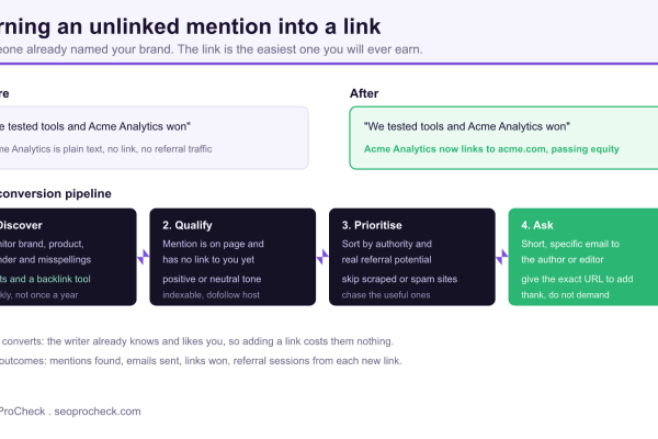 Before and after example plus a four step pipeline for converting an unlinked brand mention into a link: discover, qualify, prioritise and ask.