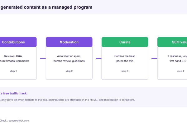 Diagram of user generated content run as a managed program, flowing from contributions to moderation to curation to measurable SEO value.