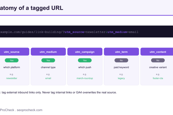 Diagram breaking a tagged URL into the five UTM parameters with which are required and example values.