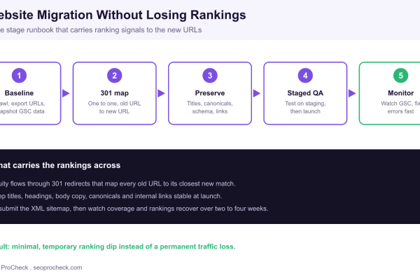 Five stage website migration runbook showing baseline, 301 redirect map, signal preservation, staged QA launch and post launch monitoring that keeps rankings stable.