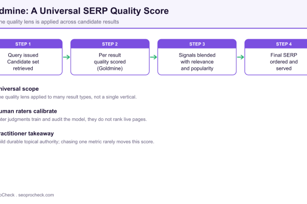 Flow diagram showing how Google Goldmine assigns one universal quality score to candidate results before the final SERP is served.