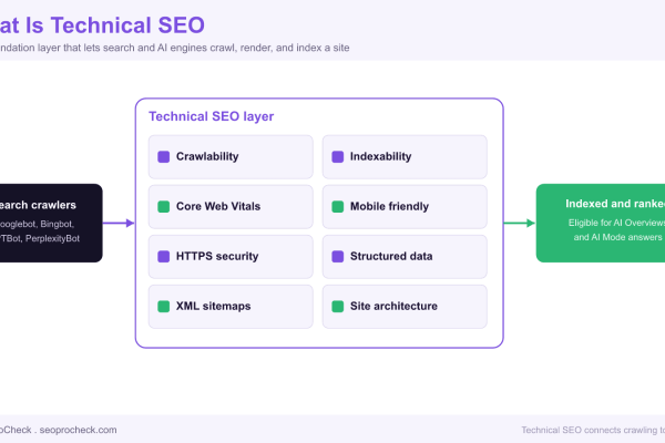 Diagram of the technical SEO layer sitting between search crawlers such as Googlebot and the indexed, ranked result, listing eight pillars: crawlability, indexability, Core Web Vitals, mobile friendly, HTTPS security, structured data, XML sitemaps, and site architecture.