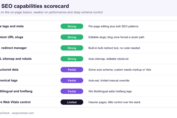 Wix SEO capabilities scorecard rating eight areas from strong on titles, URL slugs, redirects, and sitemaps to partial on structured data and canonicals and limited on Core Web Vitals control.