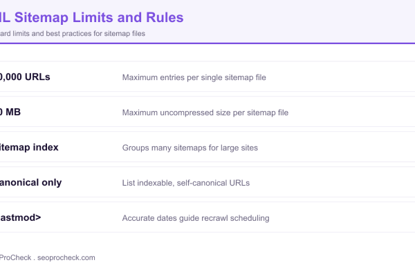 Reference card listing XML sitemap limits of 50,000 URLs and 50 MB plus rules for sitemap index files and canonical URLs.